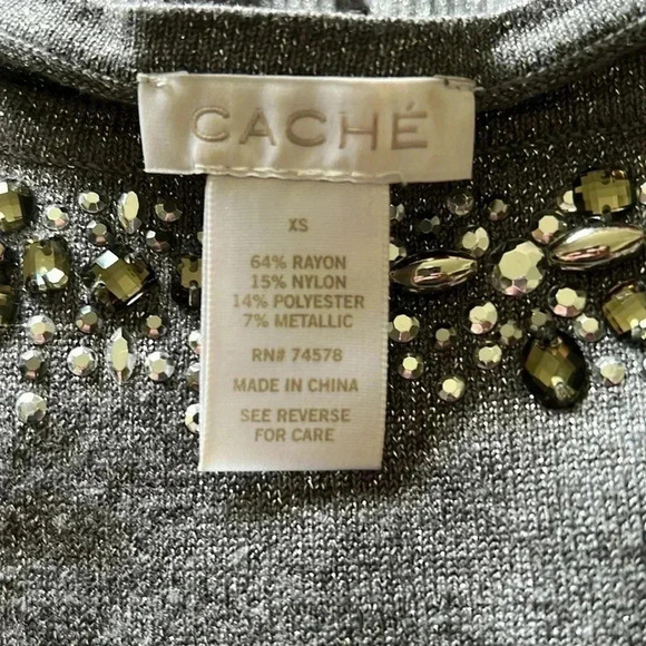 Cache Women’s Gray Spark Silver Sweater Jumper Beaded Rhinestone Accent Collar - Picture 8 of 13
